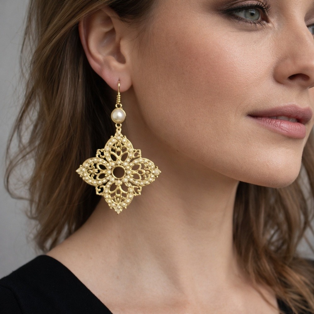 Vintage Filigree Seed Pearl Dangle Earrings‎ Large Gold Tone Statement UV Tested